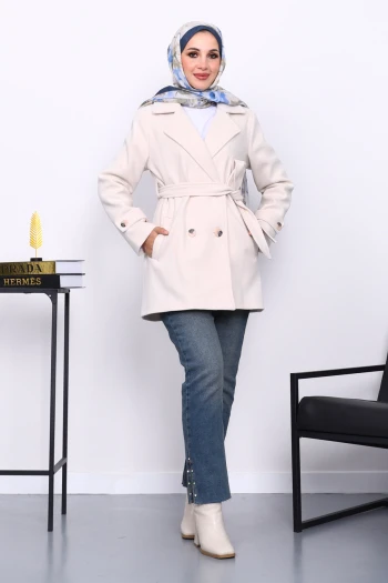 Krem Kruvaze Yaka Çift Düğmeli Kaşe Kaban