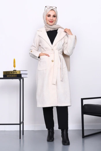 Krem Kruvaze Yaka Kol Apoletli Angora Kaban