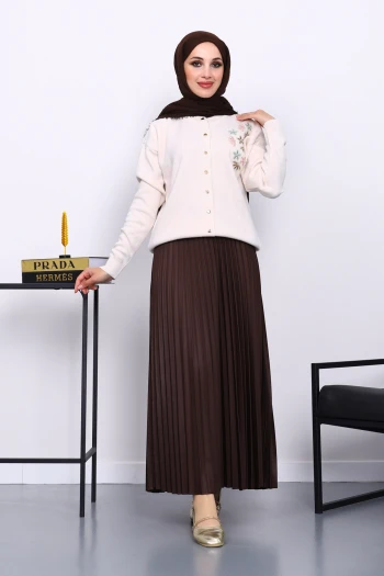 Krem Nakışlı Düğmeli Triko Hırka