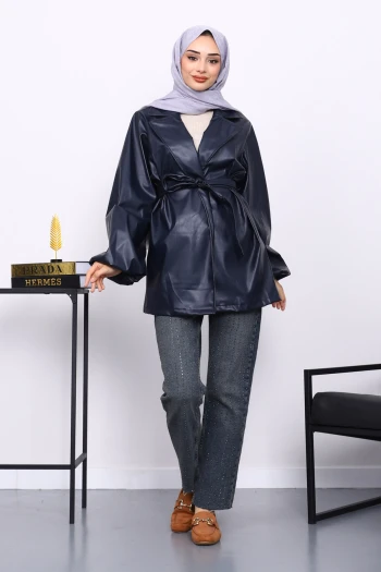 Lacivert Balon Kol Kuşaklı Deri Ceket