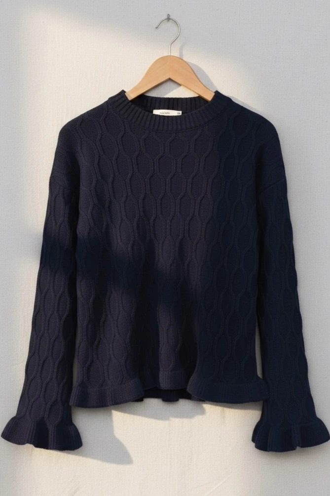 Lacivert Bel Ve Kol Ucu Fırfırlı Triko Kazak