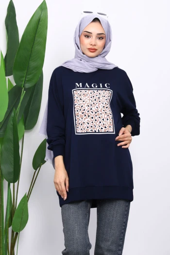 Lacivert Bisiklet Yaka Baskılı Sweat