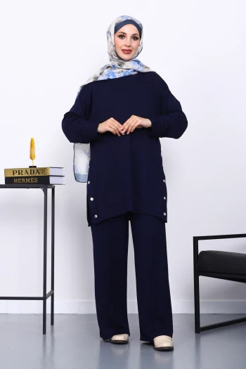 Lacivert Bisiklet Yaka Çıtçıt Detaylı Modal Takım