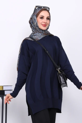 Lacivert Bisiklet Yaka Soğuk İplik Triko Tunik