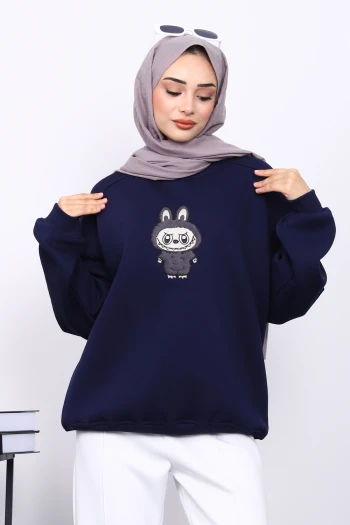 Lacivert Bisiklet Yaka Üç İplik Sweat