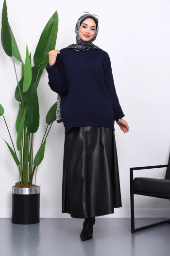 Lacivert Bisiklet Yaka Yumuşak Dokulu Oversize Triko Kazak