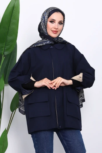 Lacivert Cep Detaylı Fermuarlı Gabardin Ceket