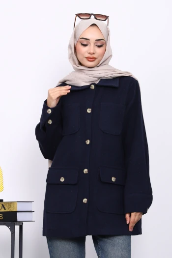 Lacivert Cepli Düğmeli Kaşe Ceket