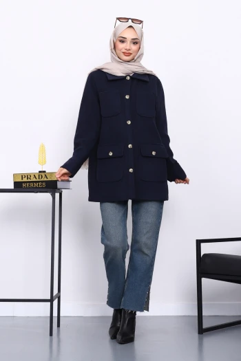 Lacivert Cepli Düğmeli Kaşe Ceket