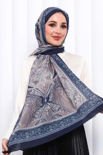 Lacivert Desenli Kraş Şal
