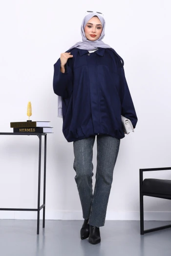 Lacivert Eteği Pileli Oversize Süet Ceket