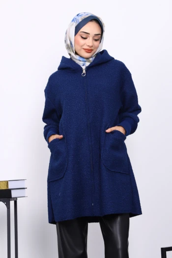 Lacivert Fermuarlı Cepli Buklet Kaban