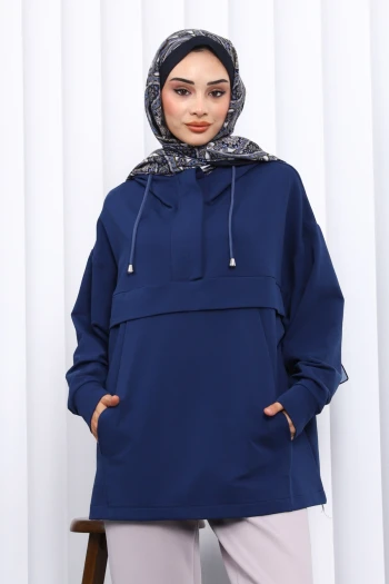 Lacivert Fermuarlı Cepli İki İplik Oversize Sweat