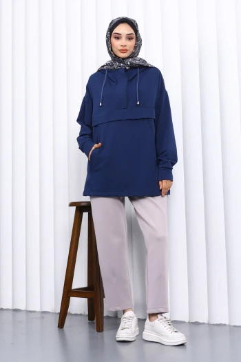 Lacivert Fermuarlı Cepli İki İplik Oversize Sweat