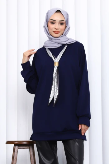 Lacivert Fular Aksesuarlı Modal Tunik