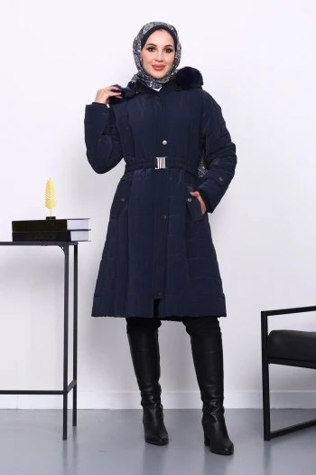 Lacivert Kapüşonu Kürklü Uzun Şişme Mont