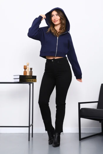 Lacivert Kısa Kanguru Cepli Fermuarlı Üç İplik Sweat Hırka