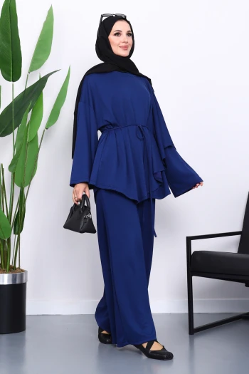 Lacivert Pelerin Detaylı Tunik Pantolonlu Takım