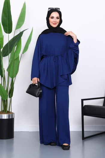 Lacivert Pelerin Detaylı Tunik Pantolonlu Takım