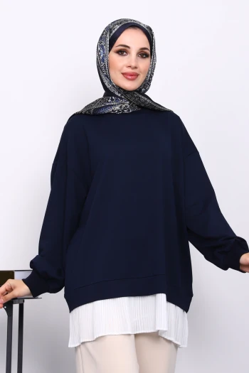 Lacivert Pilise Detaylı Bisiklet Yaka Sweatshirt