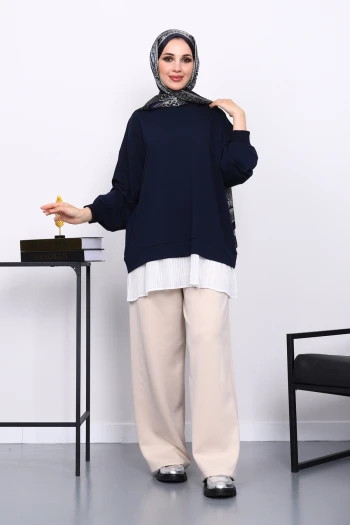 Lacivert Pilise Detaylı Bisiklet Yaka Sweatshirt