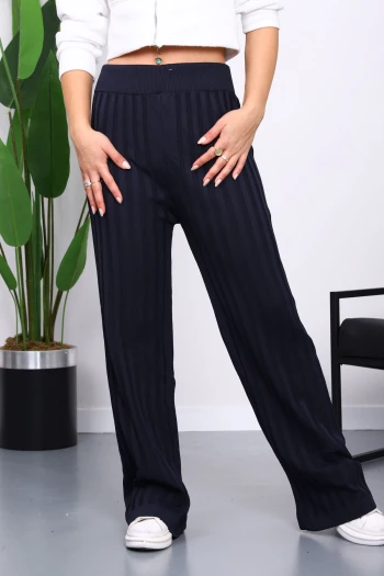 Lacivert Yüksek Bel Fitilli Bol Paça Triko Pantolon