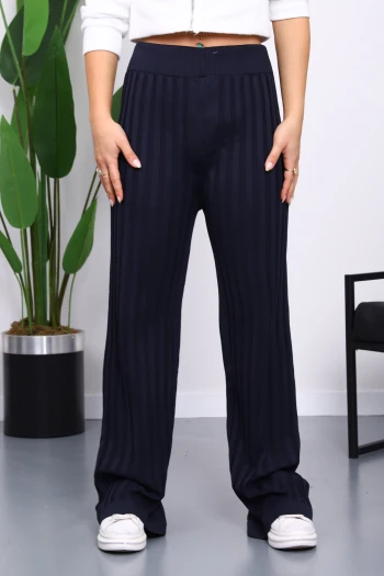 Lacivert Yüksek Bel Fitilli Bol Paça Triko Pantolon