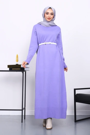 Lila Bisiklet Yaka Triko Elbise