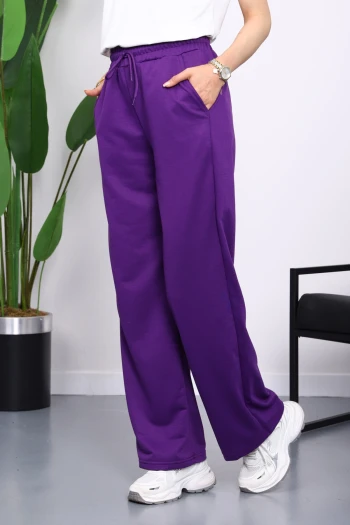 Mor Bel Lastikli İki İplik Palazzo Eşofman Alt