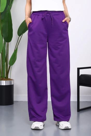 Mor Bel Lastikli İki İplik Palazzo Eşofman Alt