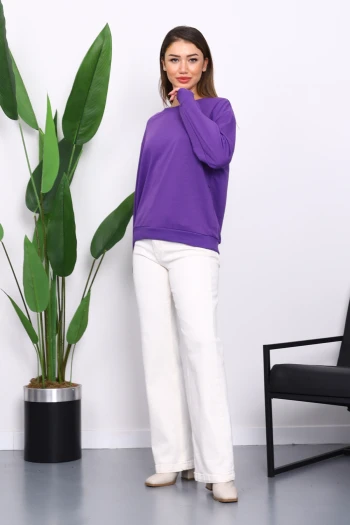 Mor Bisiklet Yaka İki İplik Sweatshirt