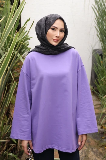 Mor Bisiklet Yaka Oversize Penye Sweat