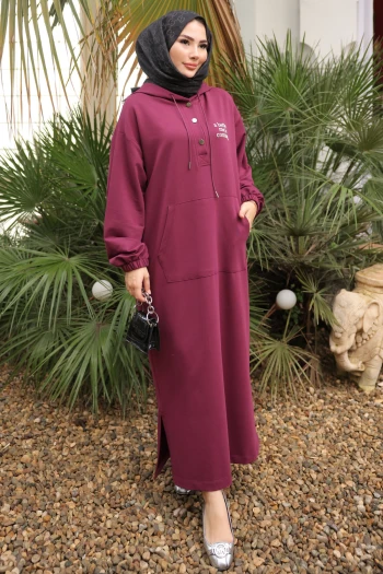 Mürdüm Baskılı Kapüşonlu İki İplik Elbise