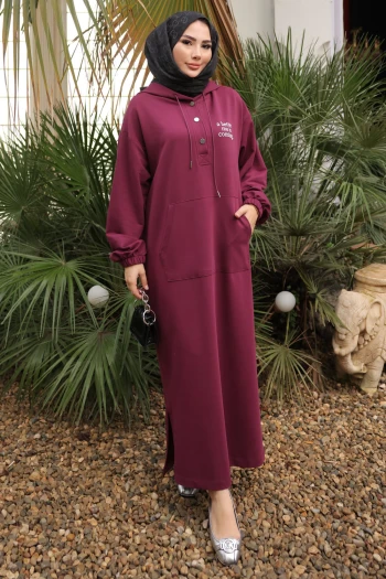 Mürdüm Baskılı Kapüşonlu İki İplik Elbise