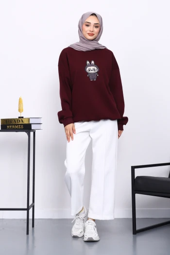 Mürdüm Bisiklet Yaka Üç İplik Sweat