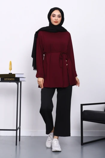 Mürdüm Düğme Detaylı Modal Tunik