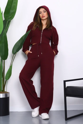 Mürdüm Kapşonlu Hırka Pantolonlu Selanik Takım