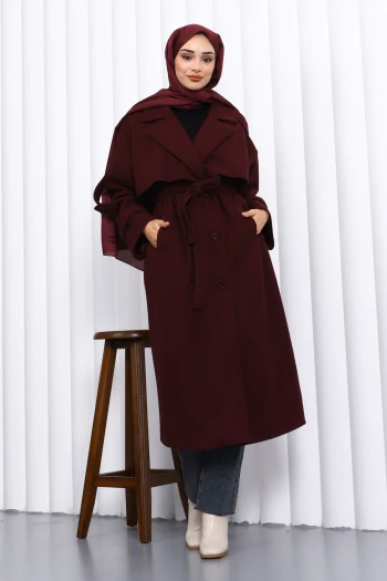 Mürdüm Kravuze Yaka Astarlı Kaşe Kaban