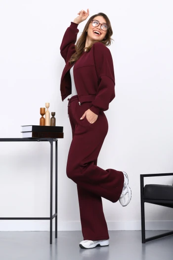 Mürdüm Üç İplik Sweat Hırka Pantolonlu Takım