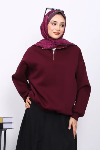 Mürdüm Yaka Fermuarlı Üç İplik Şardonlu Sweat