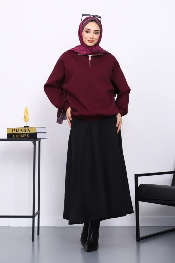 Mürdüm Yaka Fermuarlı Üç İplik Şardonlu Sweat