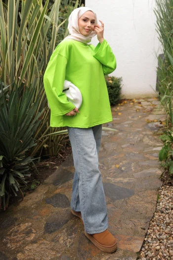 Neon Yeşili Bisiklet Yaka Oversize İki İplik Tunik