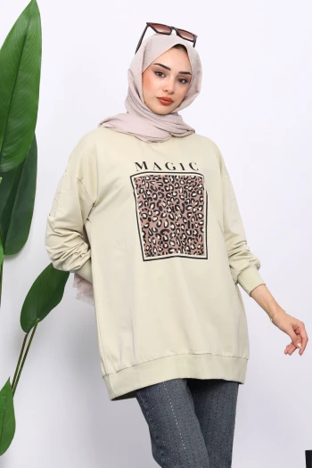 Olive Bisiklet Yaka Baskılı Sweat