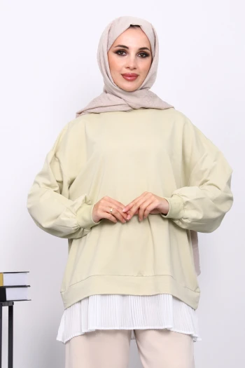 Olive Pilise Detaylı Bisiklet Yaka Sweatshirt