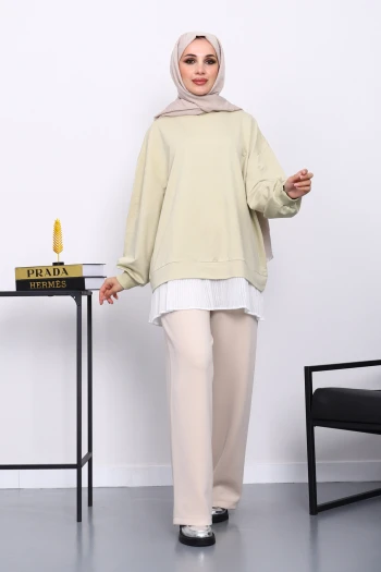 Olive Pilise Detaylı Bisiklet Yaka Sweatshirt