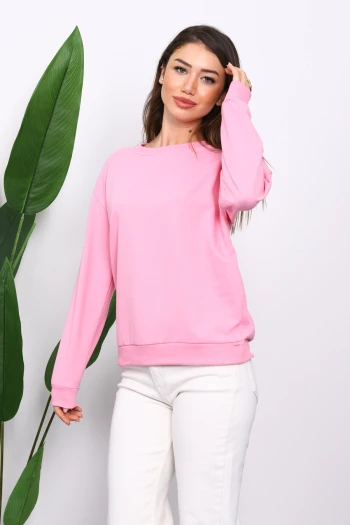 Pembe Bisiklet Yaka İki İplik Sweatshirt
