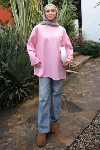 Pembe Bisiklet Yaka Oversize İki İplik Tunik