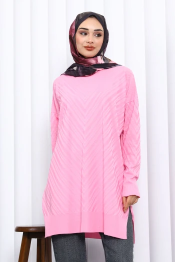 Pembe Bisiklet Yaka Soğuk İplik Triko Tunik