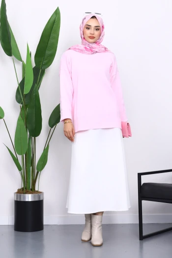 Pembe Bisiklet Yaka Yumuşak Dokulu Oversize Triko Kazak