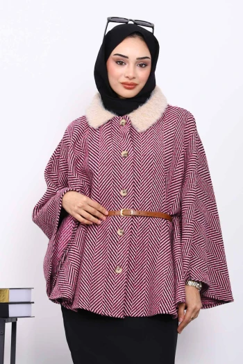 Pembe Yaka Kürklü Kemerli Panço